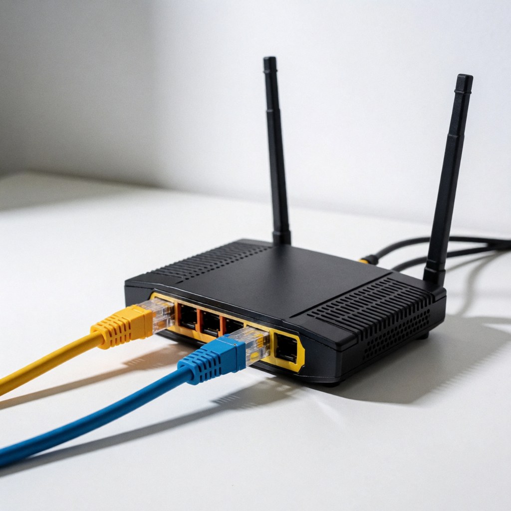 A white network router with connected ethernet cables resting on a clean white desk surface, representing IT support infrastructure.