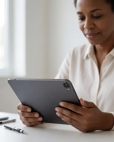 A smiling woman in a white shirt uses a repaired tablet on a white desk in a bright home office setting for IT support.