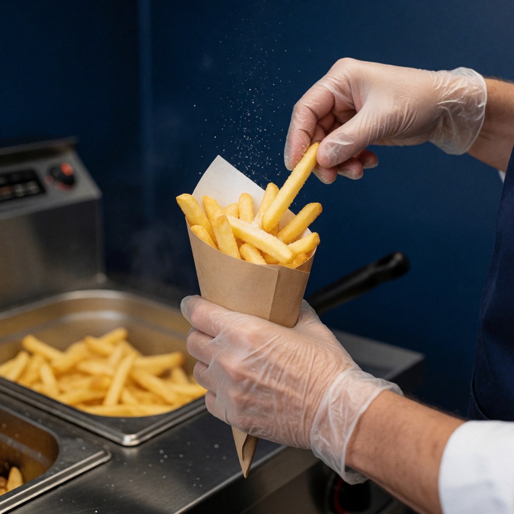 Gloved hand sprinkling salt onto french fries in a paper cone against a professional kitchen background with a fryer and blue wall