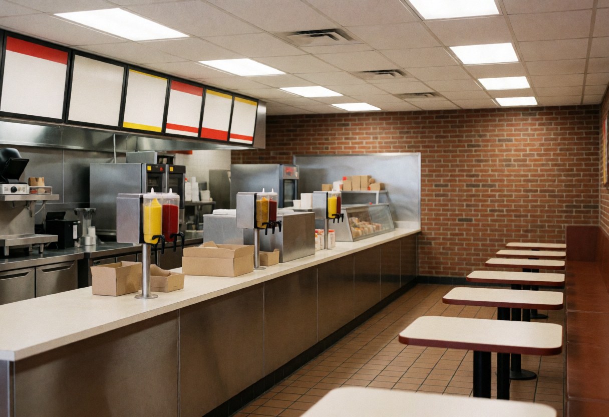 Empty fast food restaurant interior featuring a service counter, chairs, brick wall, and fluorescent lighting, ready for opening.