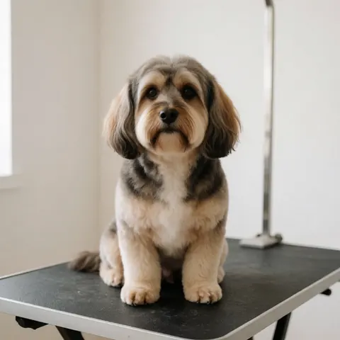 Fluffy dog sitting on a white grooming table in a bright studio, showcasing professional pet care services.