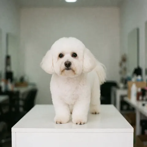 A clean and fluffy white dog standing on a pedestal after a professional grooming session, ready for display as a product in a pet salon.