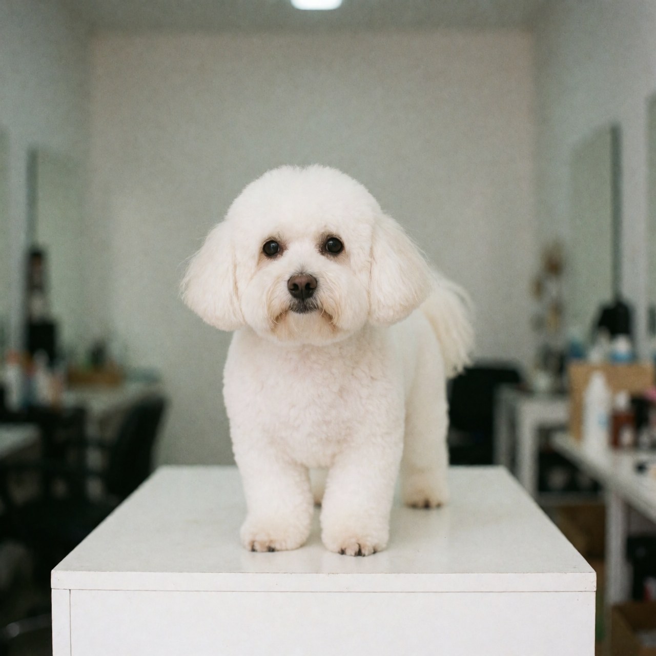 A clean and fluffy white dog standing on a pedestal after a professional grooming session, ready for display as a product in a pet salon.