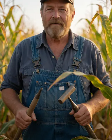 An older bearded man in overalls and a cap holds farming tools in a cornfield during golden hour with a blurred background