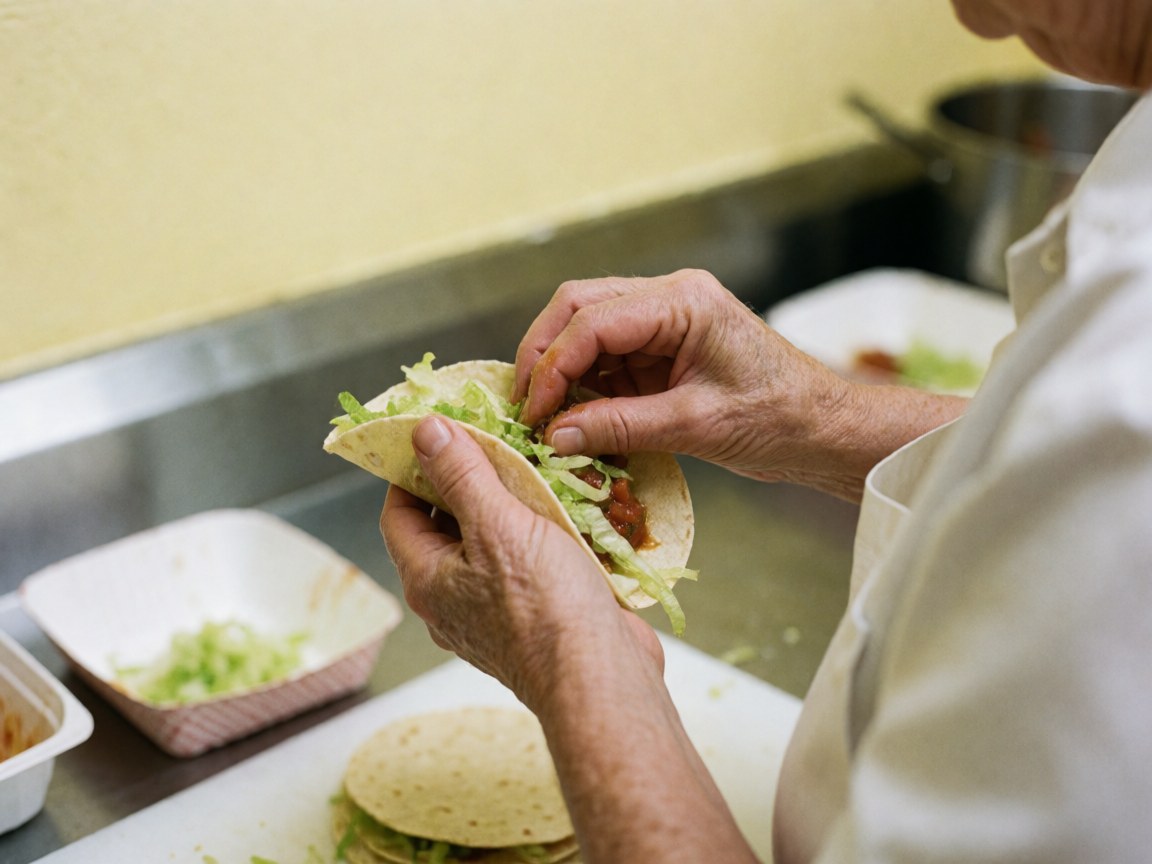 Close-up of hands assembling tacos with lettuce and sauce in a kitchen with yellow walls, showing ingredient texture and metal shine