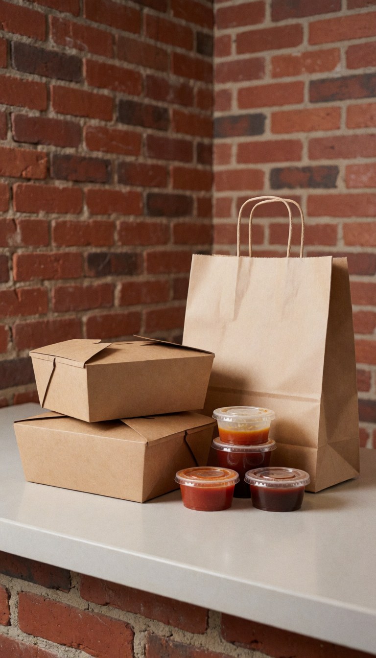 Fast food items in paper boxes and a bag with sauces, ready for delivery, placed against a red brick wall.