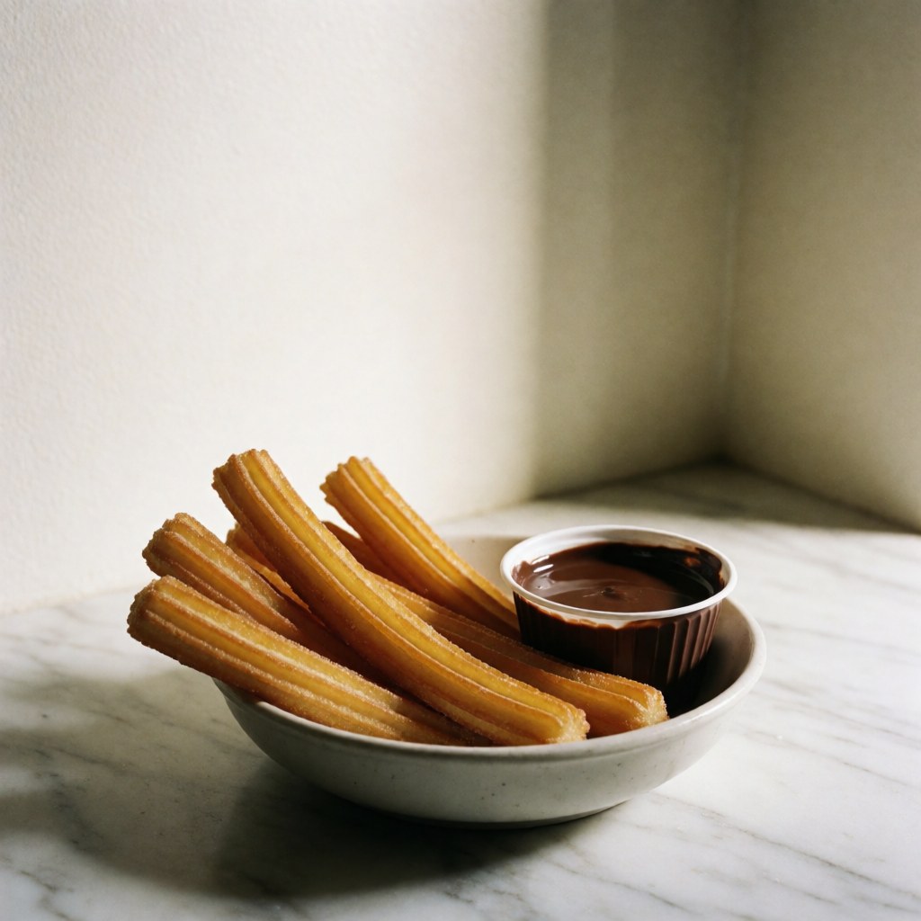 Golden sugar-coated churros on a white plate next to a glass of melted chocolate on a white marble surface with soft natural light.