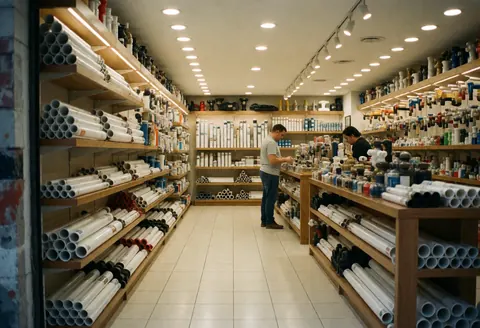 Interior view of a clean plumbing supply store with shelves stocked with pipes and fittings on white and gray walls
