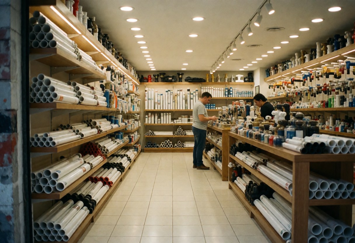 Interior view of a clean plumbing supply store with shelves stocked with pipes and fittings on white and gray walls