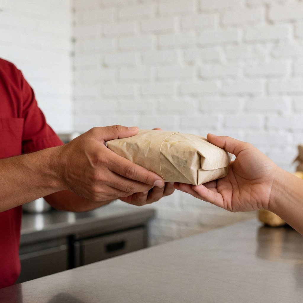 A close-up view of a hand holding a wrapped fast food order being handed to a customer during a delivery transaction