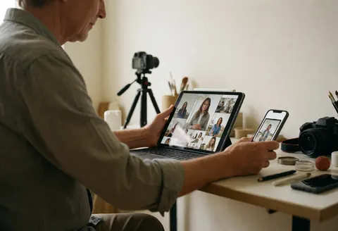 Professional working at a wooden desk with a tablet and smartphone, surrounded by camera equipment and tripod in a relaxed creative office setting