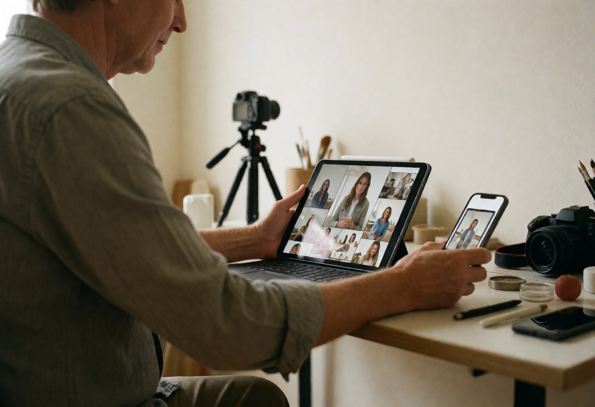 Professional working at a wooden desk with a tablet and smartphone, surrounded by camera equipment and tripod in a relaxed creative office setting