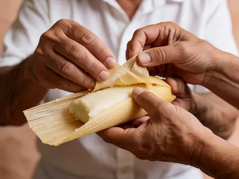 Close-up view of fresh masa dough being prepared on a corn husk, highlighting the texture and traditional culinary process for an online store.