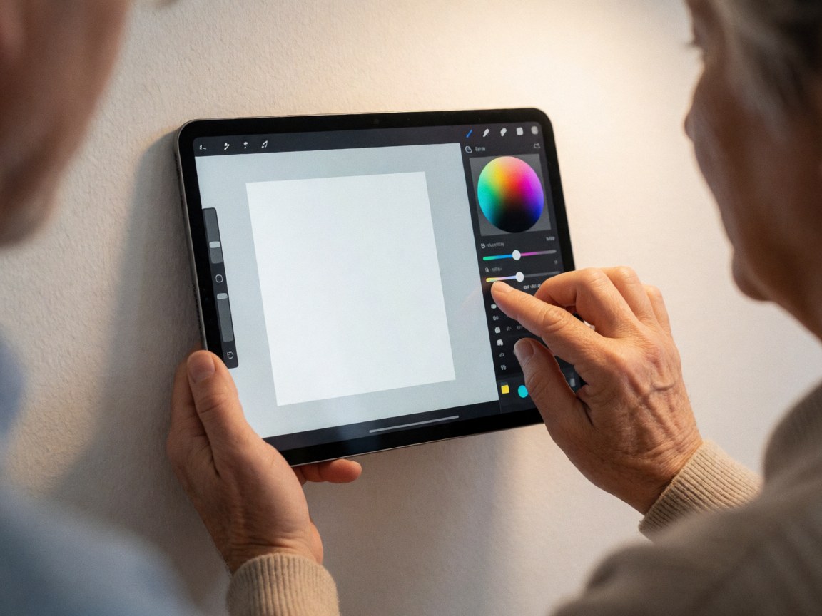 A close-up view of a hand interacting with a digital tablet screen to edit an image, set against a clean white background with warm lighting.