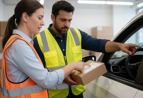 Two logistics workers in reflective vests inspecting a cardboard box near a delivery van in a warehouse setting.