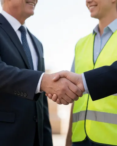 A businessman in a suit and a logistics worker in a safety vest shake hands and smile in an industrial setting, showing trust and agreement.