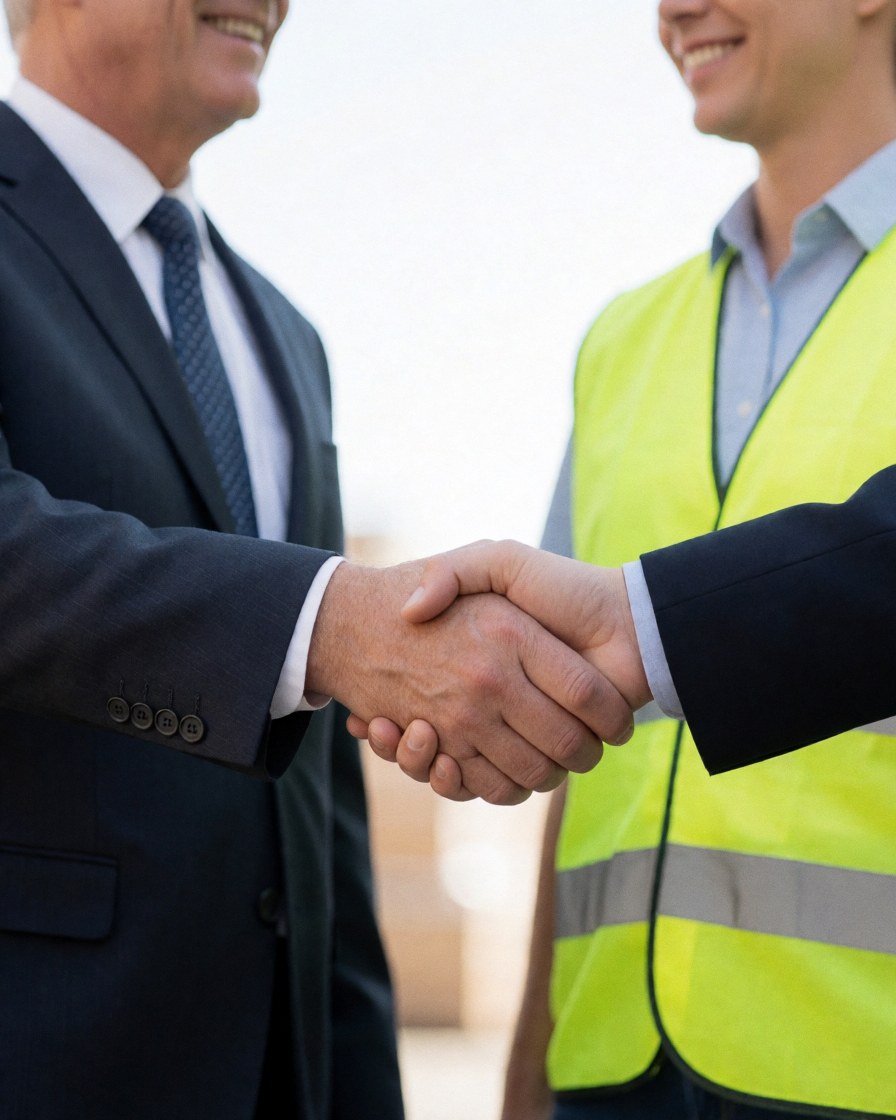 A businessman in a suit and a logistics worker in a safety vest shake hands and smile in an industrial setting, showing trust and agreement.