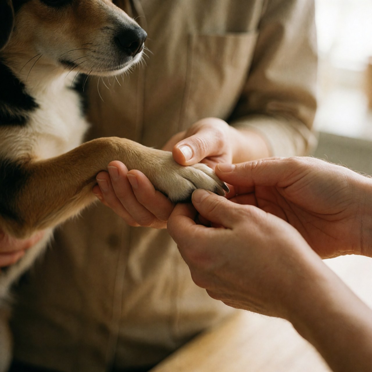 Close-up of hands gently holding a dog's paw after a professional grooming session, showing a warm and caring atmosphere suitable for veterinary or pet care services.