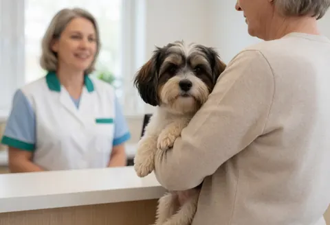 A man and woman smiling as they arrive at a veterinary clinic reception with their small white dog for a pet health checkup