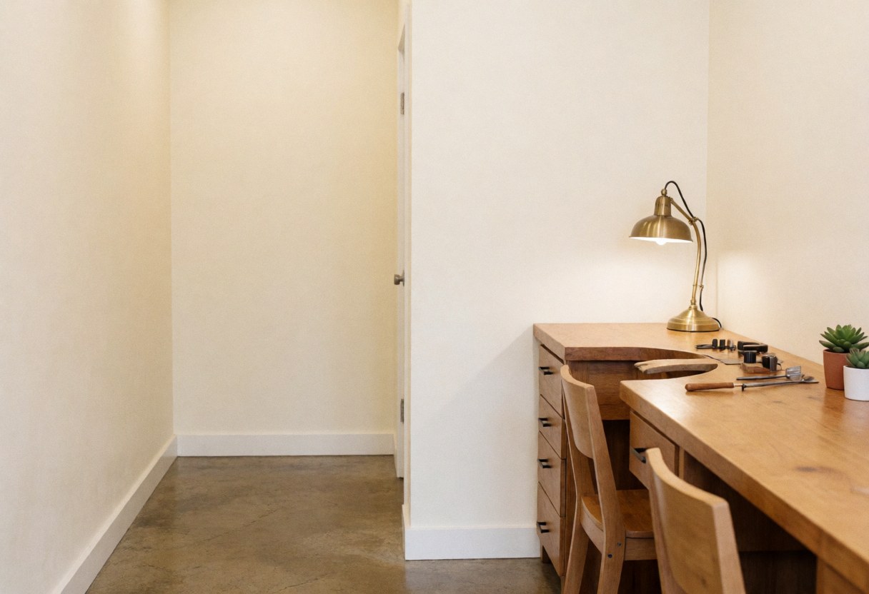A clean and cozy jewelry workshop featuring a wooden workbench, brass tools, and green plants in a minimalist interior space