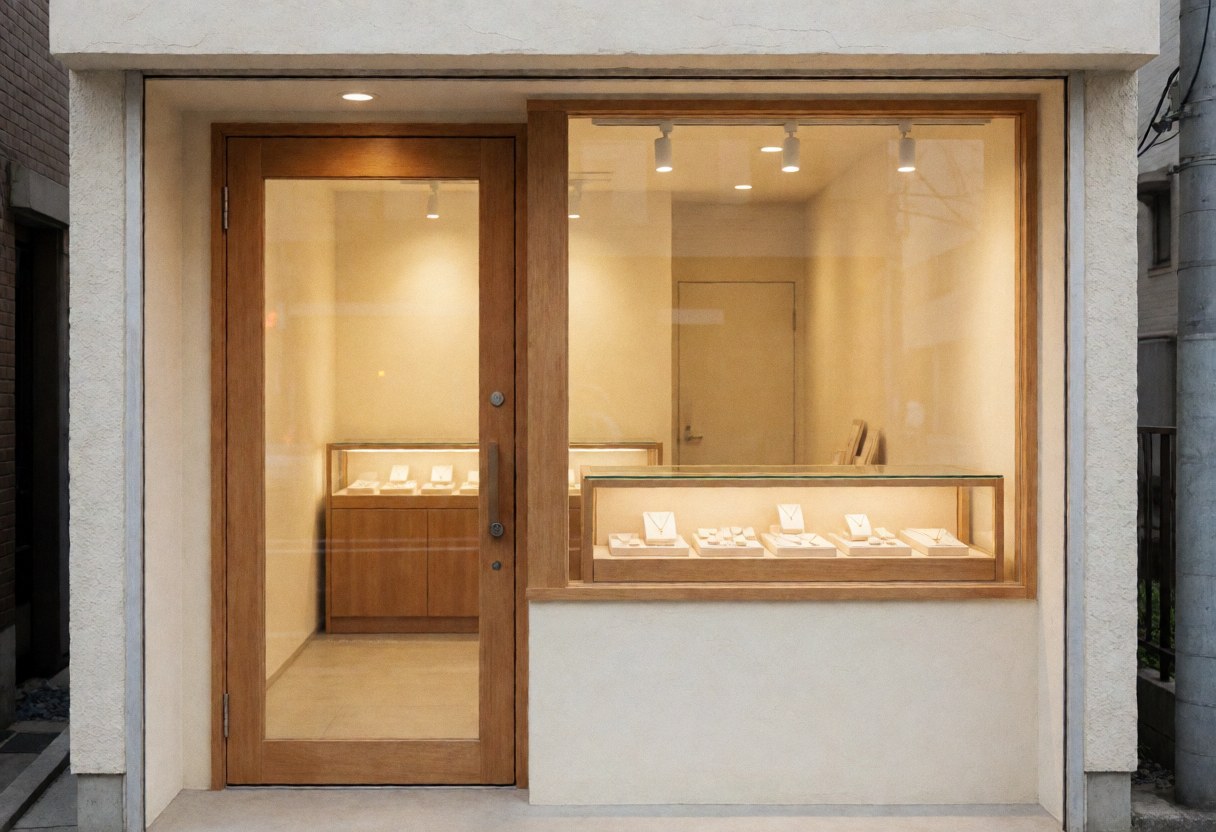 Interior view of a jewelry store featuring a wooden door, cream walls, warm lighting, and a display case creating a cozy and professional atmosphere.