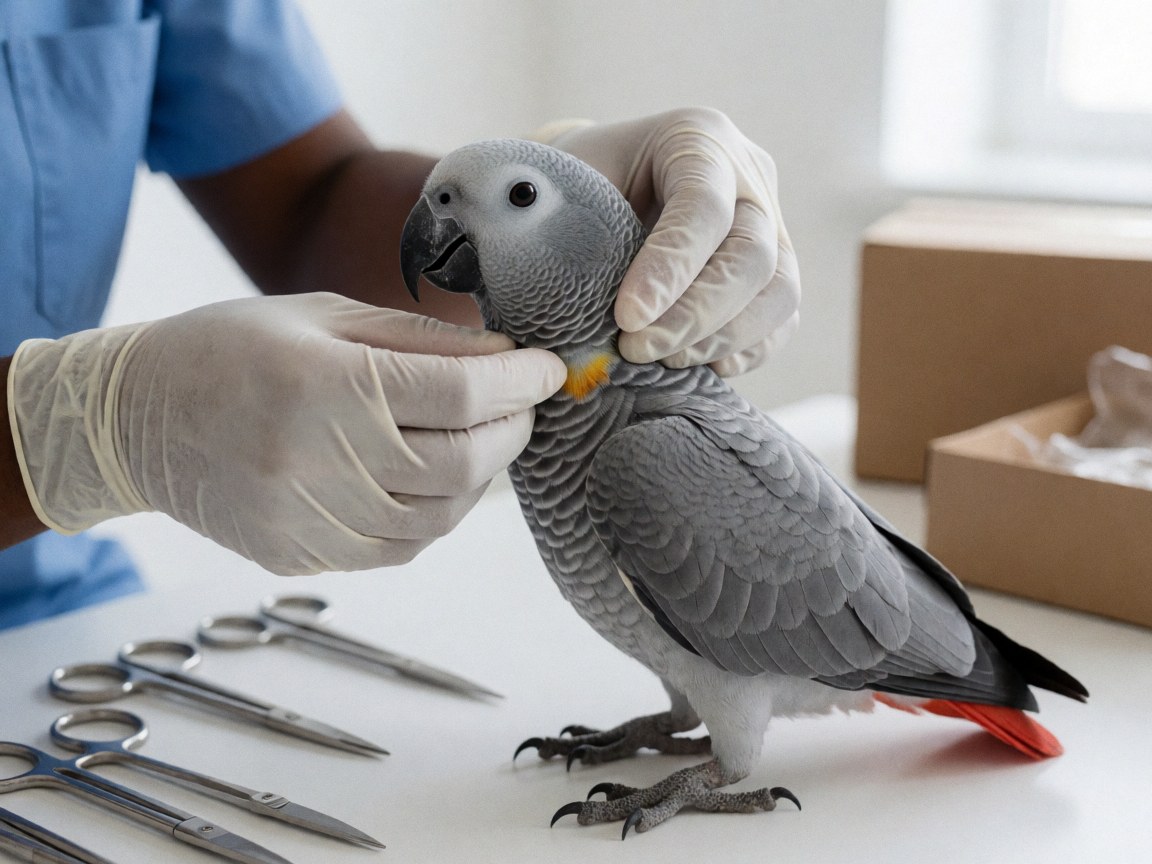 Gloved hands adjusting a collar on a gray parrot in a veterinary clinic with medical tools and a clean professional environment