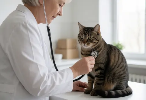 A professional veterinarian examines an attentive cat using a stethoscope in a clean, modern clinic setting.