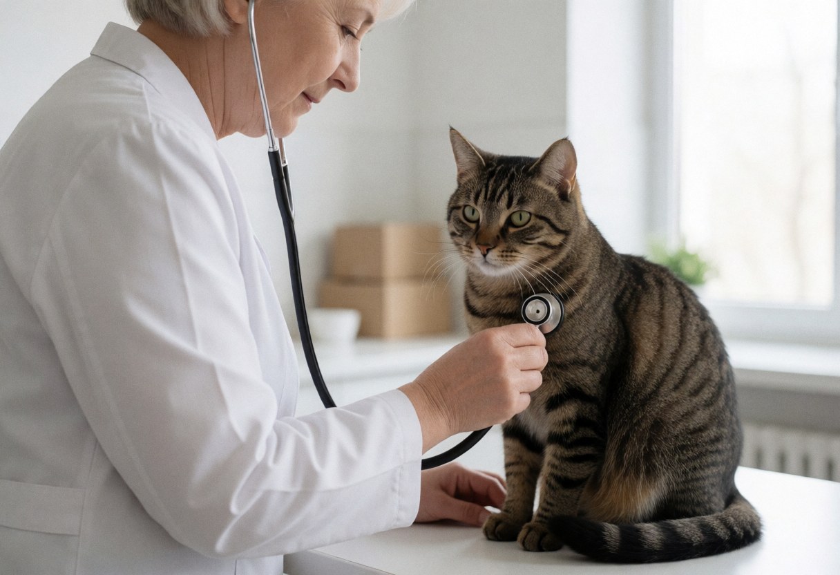 A professional veterinarian examines an attentive cat using a stethoscope in a clean, modern clinic setting.