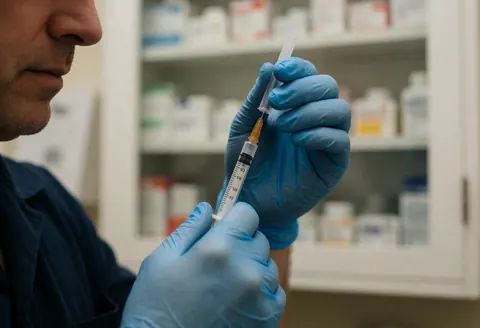 A veterinarian wearing blue gloves prepares a vaccine in a syringe with medicine shelves in the background.