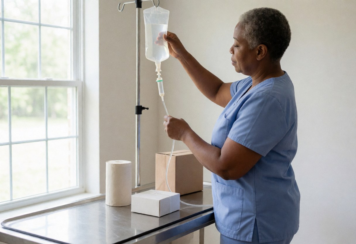 A veterinary technician carefully adjusts an intravenous drip for a dog in a professional clinic with natural light.