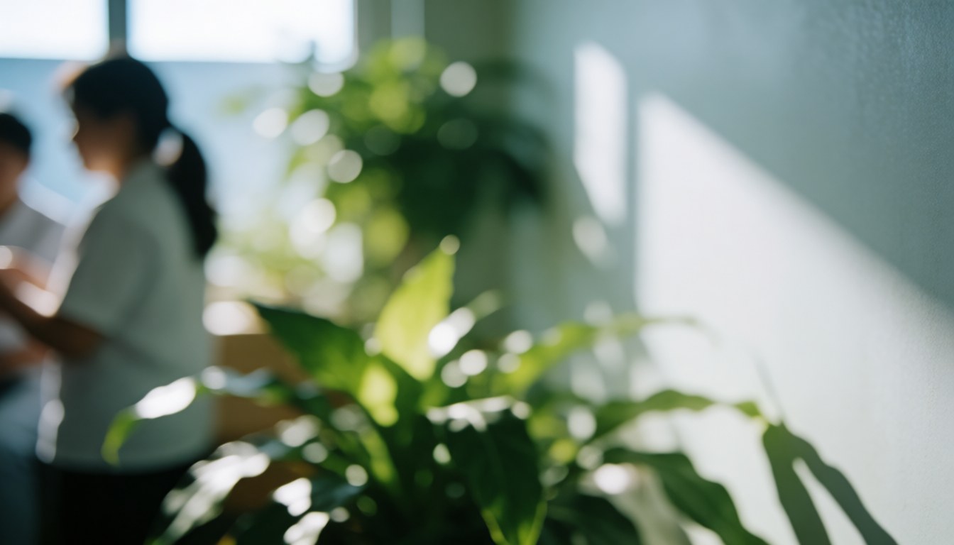 Serene veterinary clinic waiting room with green plants, white walls, and natural light, ideal for text overlay