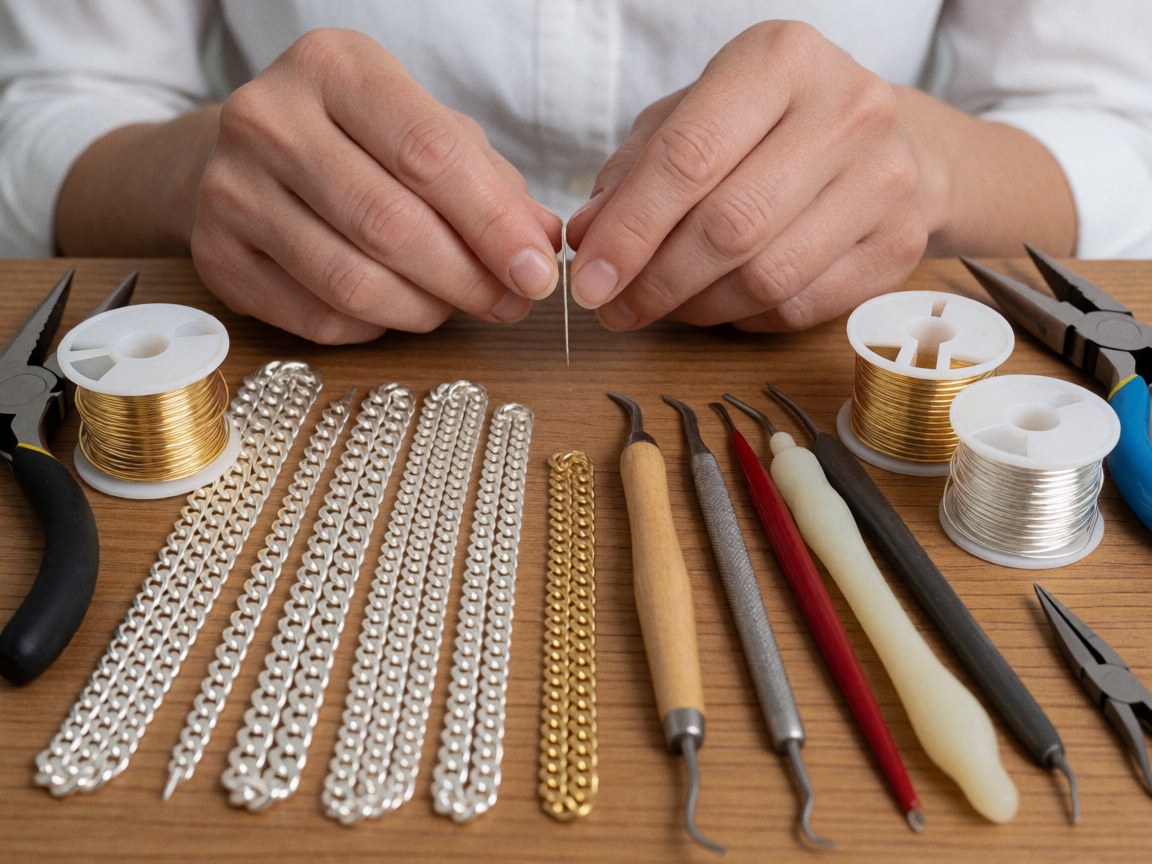 Close-up of hands using jewelry tools on a wooden table with gold and silver chains and crafting materials