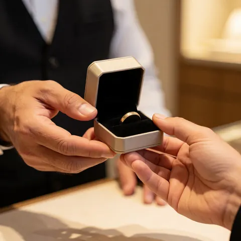 Seller's hand handing a jewelry box containing a gold ring to a customer in a warm-lit jewelry store setting
