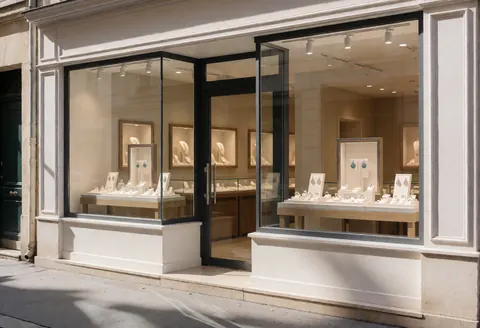 Jewelry shop exterior featuring display windows filled with rings and earrings, illuminated by warm light on a quiet morning street.