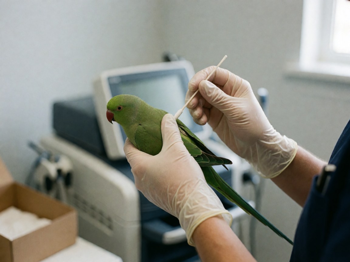 Close-up of gloved hands examining a green parrot in a clean veterinary clinic with medical equipment in the background