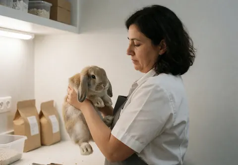 A female veterinarian in a white coat carefully examines a pet rabbit's ears and body during a health checkup at a veterinary clinic