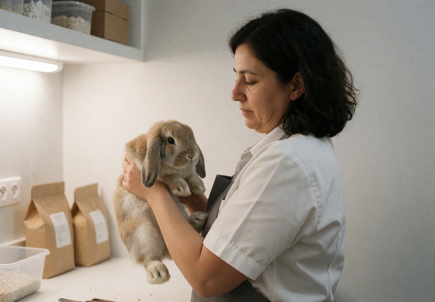 A female veterinarian in a white coat carefully examines a pet rabbit's ears and body during a health checkup at a veterinary clinic
