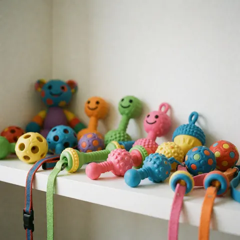 A collection of colorful pet toys and a dog leash arranged neatly on a white shelf in a veterinary clinic or pet store setting