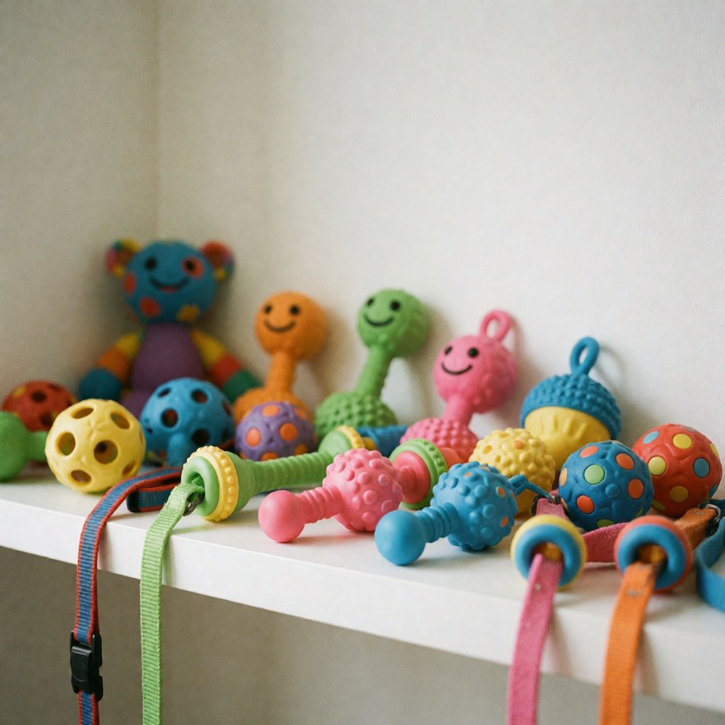 A collection of colorful pet toys and a dog leash arranged neatly on a white shelf in a veterinary clinic or pet store setting