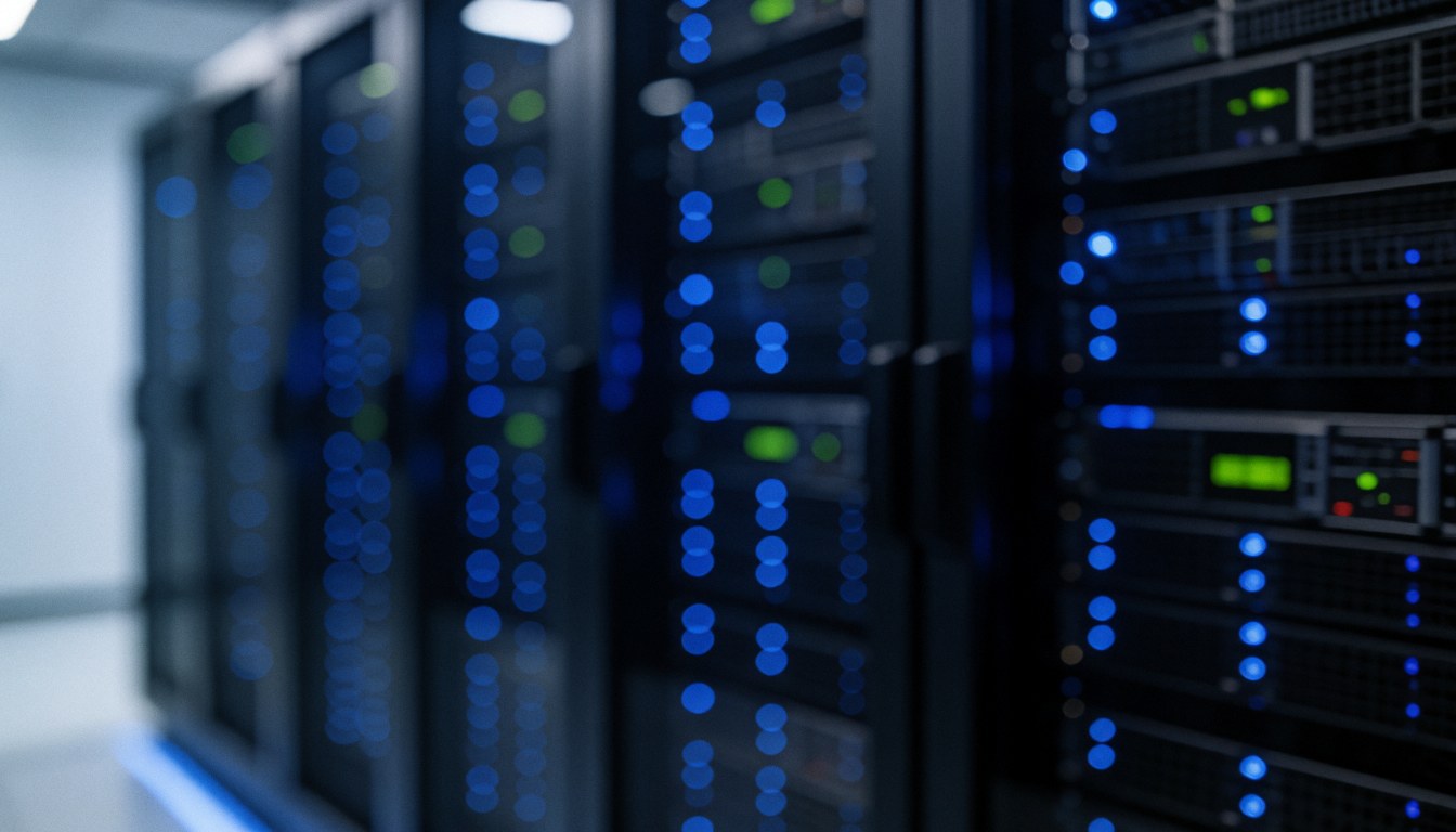 Out of focus background of a data center server room featuring blue LED lights, network cables, and IT infrastructure suitable for technology and business websites.