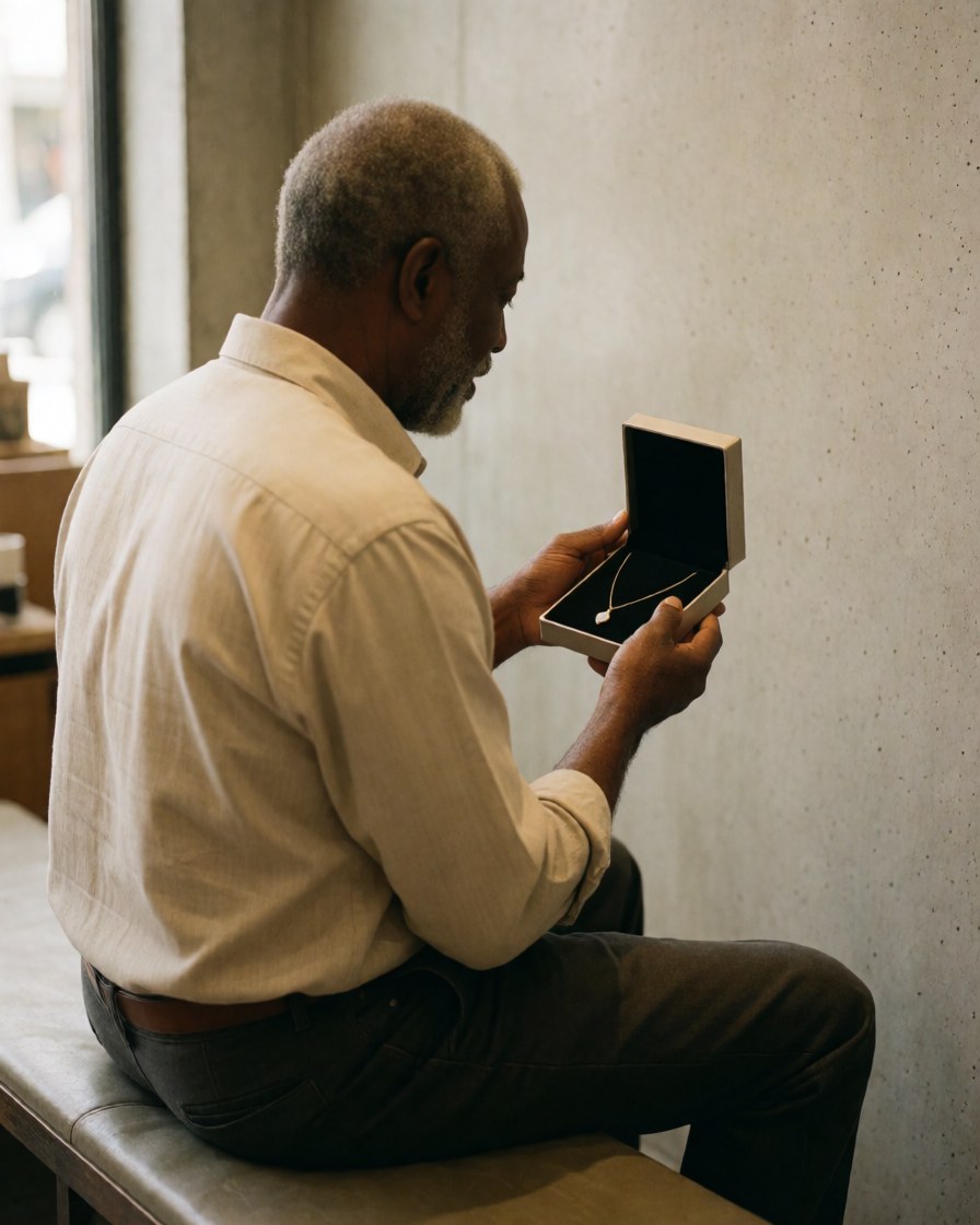 A satisfied older male customer sitting on a bench inside a jewelry store, looking at a necklace with a warm and professional atmosphere.