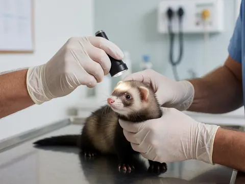 A veterinarian wearing gloves examines a ferret with a light on a sterile exam table in a modern clinic, focusing on hygiene and professional animal care.