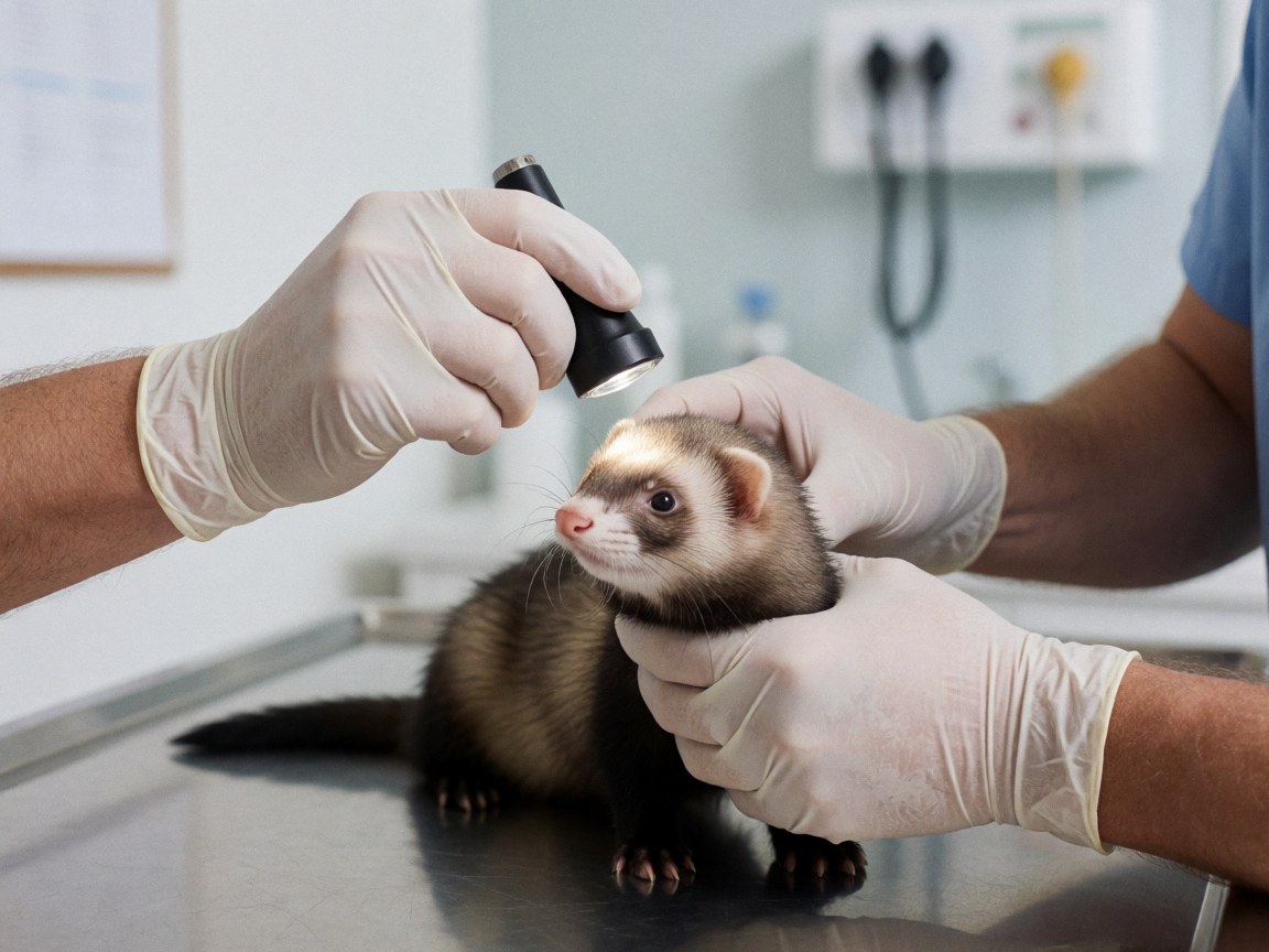A veterinarian wearing gloves examines a ferret with a light on a sterile exam table in a modern clinic, focusing on hygiene and professional animal care.