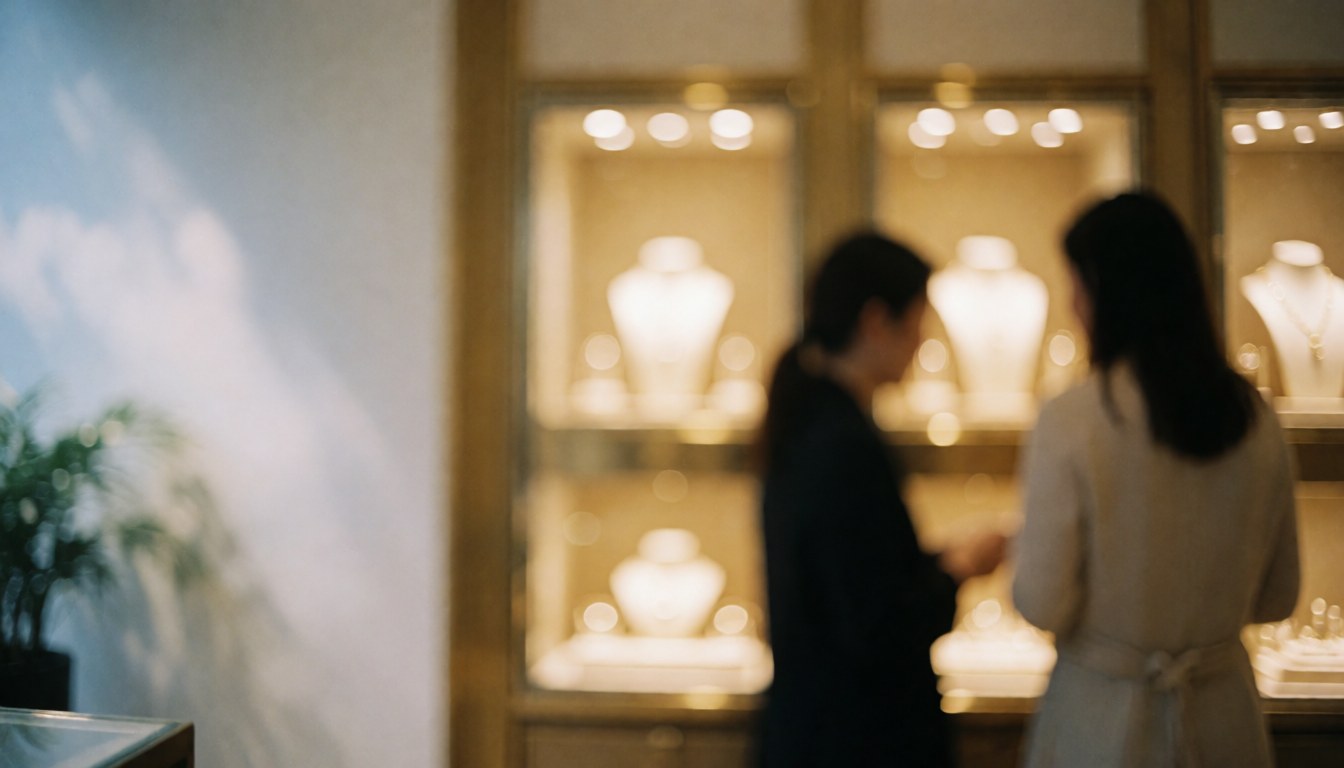 Illuminated jewelry display cases in an elegant store with blurred customers in the background, creating a warm atmosphere suitable for text overlays.