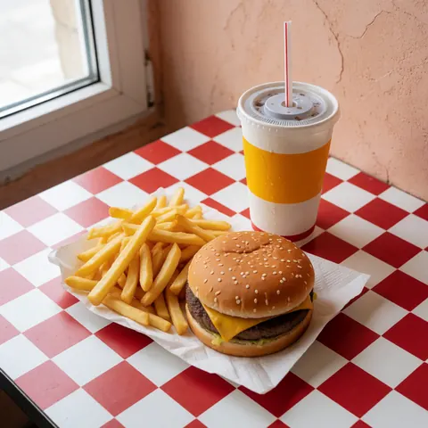 Cheeseburger, french fries, and cold beverage arranged on a red and white checkered table with natural window light