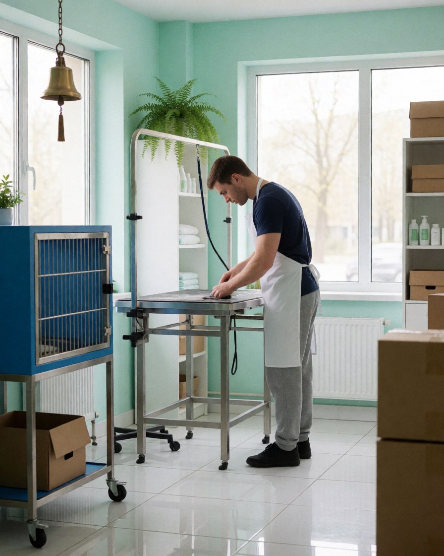 A professional groomer carefully working on a dog in a clean salon setting with tools and equipment visible in the background.