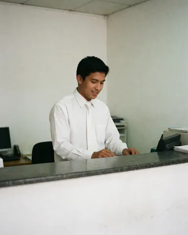 A smiling young bank employee in a shirt and tie stands behind a counter, focused on work in a professional white office environment.