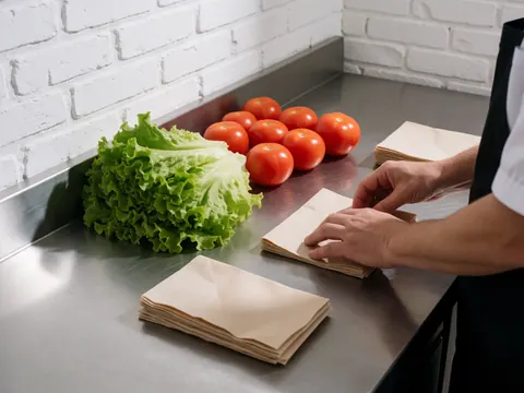 Chef hands assembling fresh lettuce and tomatoes on stainless steel counter in clean industrial kitchen