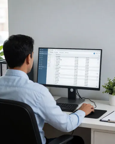 A manager works on a computer managing online orders. The tidy desk holds a keyboard, mouse, plant, and notebook against a gray wall with professional lighting.