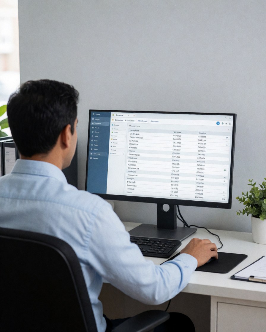 A manager works on a computer managing online orders. The tidy desk holds a keyboard, mouse, plant, and notebook against a gray wall with professional lighting.
